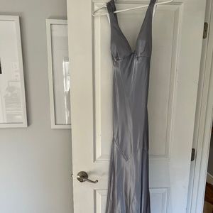 Blue/silver dress with train and cris-crossed back with jewels